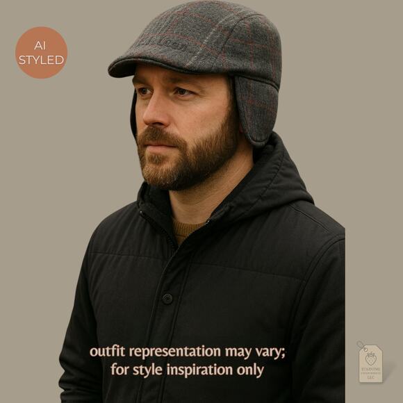 L.L. Bean Wool Plaid Winter Ear Flap Hat Gray Red Check Small - Picture 7 of 7